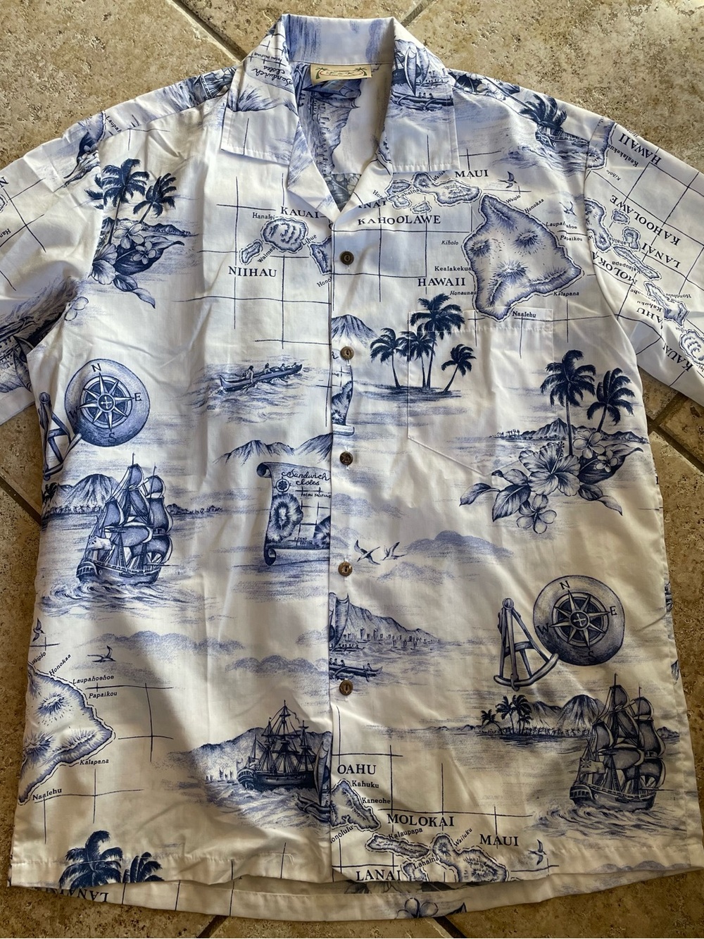 Men's White & Blue Hawaiian Map Print Camp Shirt